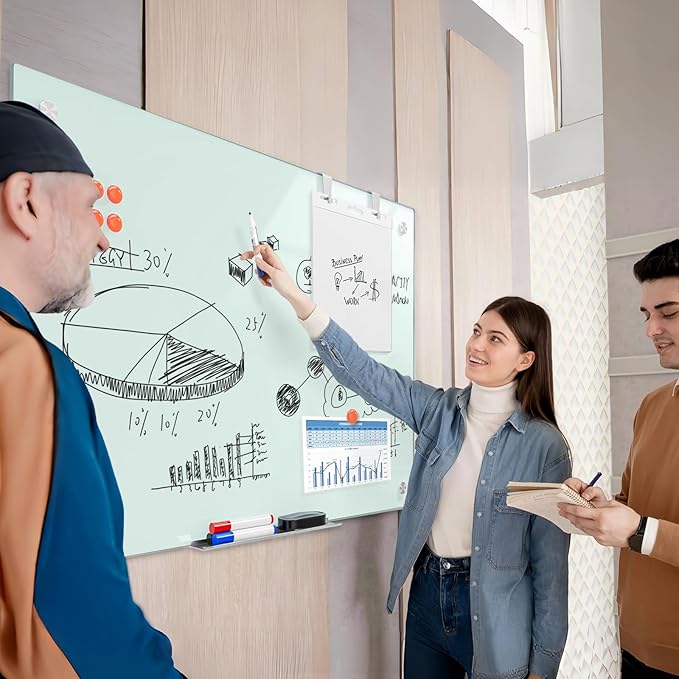 Large 0.3mm Reinforced Metal Backing Glass White Board for Wall, 36" x 24" Big Magnetic Tempered Glass Dry Erase Board with Frameless Design, 3' x 2' Glass Whiteboard for Home, Office, School