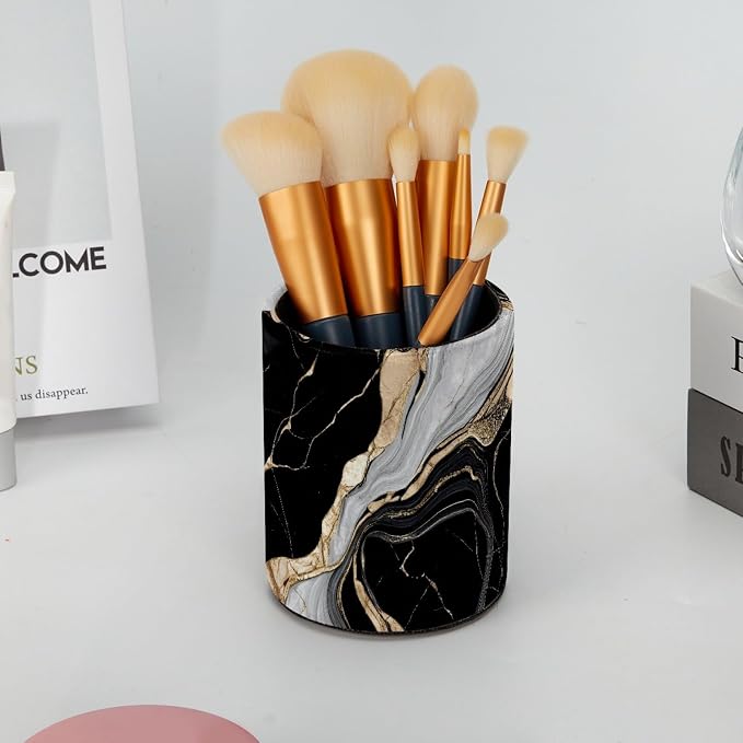 Leather Pen Holder for Desk, Black White Gold Marble Makeup Brushes Holder Pencil Cup Multifunctional Desktop Organizer Caddy for Home School Office Desk Accessories
