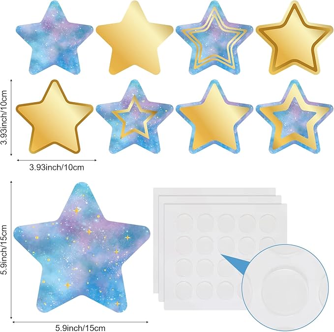 72 Pieces Galaxy Star Cutouts Gold Star Accents Name Tag Labels Paper Classroom Bulletin Board Decoration with Glue Points for Preschool Locker Wall Door Back to School Supplies(5.9 inch, 4 inch)