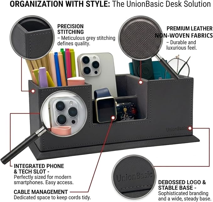 UnionBasic 4 Compartment Desk Organizer - Dual Pen Holder - Card/Pen/Pencil/Mobile Phone Office Supplies Holder (Grey)