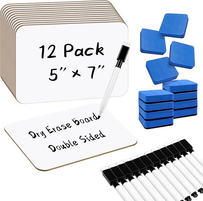 12-Pack Dry Erase Boards 5" x 7" Double-Sided Mini Whiteboard Set – Includes Markers & Erasers – Perfect for Students, Teachers, and Classroom Use