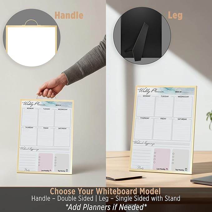 Magnetic Dry Erase Whiteboard, 12 x 16 in, 2-Sided Small Portable Whiteboard with Handle for Desk Or Wall, Gold Frame, Includes Markers, Eraser and Magnets
