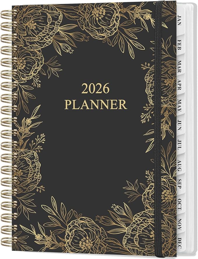 2026 Planner - Weekly and Monthly Planner Calendar from January 2026 to December 2026, Planning Agenda with Tabs & Inner Pocket, Spiral Bound for School/Office Supplies, 5.8'' × 8.3'', Gold Floral Black