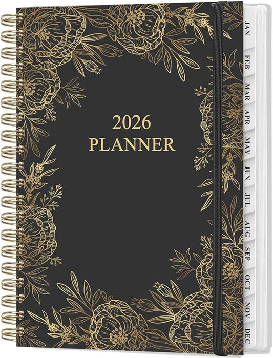 2026 Planner - Weekly and Monthly Planner Calendar from January 2026 to December 2026, Planning Agenda with Tabs & Inner Pocket, Spiral Bound for School/Office Supplies, 5.8'' × 8.3'', Gold Floral Black