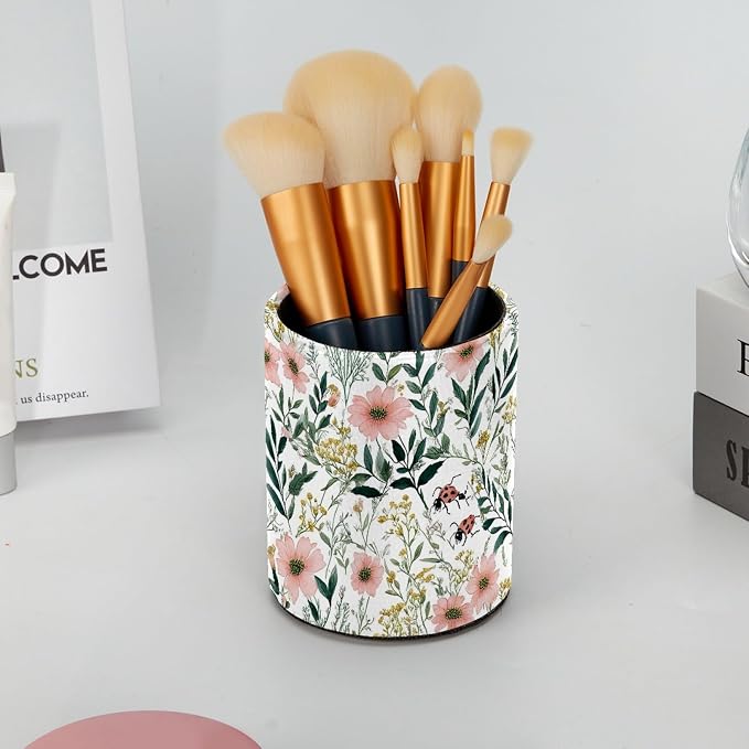 Leather Pen Holder for Desk, Pink Flower Makeup Brushes Holder Pencil Cup Multifunctional Desktop Organizer Caddy for Home School Office Desk Accessories