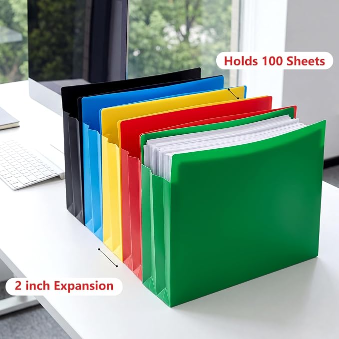 Dunzoom 50 Pack File Jackets Letter Size 2 Inch Expansion Manila Plastic File Folders Expandable Heavy Duty Reinforced Straight Cut Tab Expandable Document Jacket for Office(Stylish,Assorted Colors)