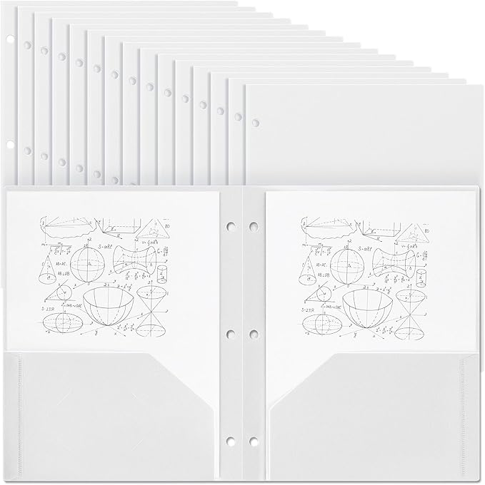 Yeaqee 50 Pcs Plastic Folders with Pockets Bulk 3 Hole Punched 2 Pocket File Folders for 3 Ring Binder Divider Folder for Notebooks, Durable Poly for Office Home (White)