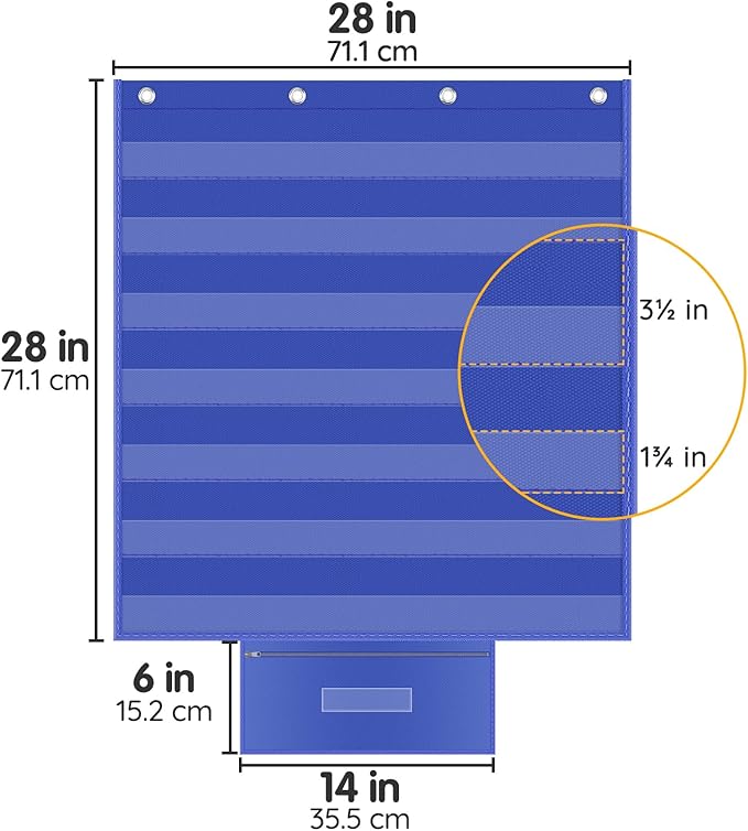 ALSLEA Standard Pocket Chart for Classroom with Zipper Storage Bag 28"x28" Wall Hanging File Display Pocket Chart with 7 Sentence Strips Holder Teacher Essential (Blue)