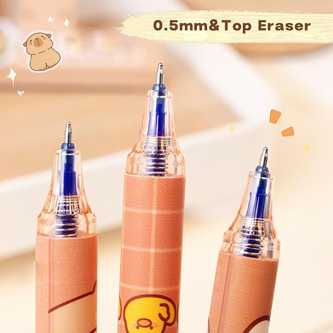 Rexinc 6PCs Capybara Mechanical Erasable Gel Pens, Cute Animal Cartoon Capibara Back to School Supplies, 0.5mm Blue Ink Kapibara Pens Office Kids Students Girls Boys Party Birthday Favors