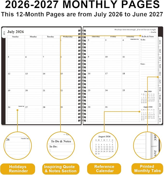 Planner 2026-2027 - Academic Planner from July 2026 to June 2027, Weekly & Monthly Planners Spiral Bound with 12-Month Tabs, Inner Pocket, 8.5" x 11", Black