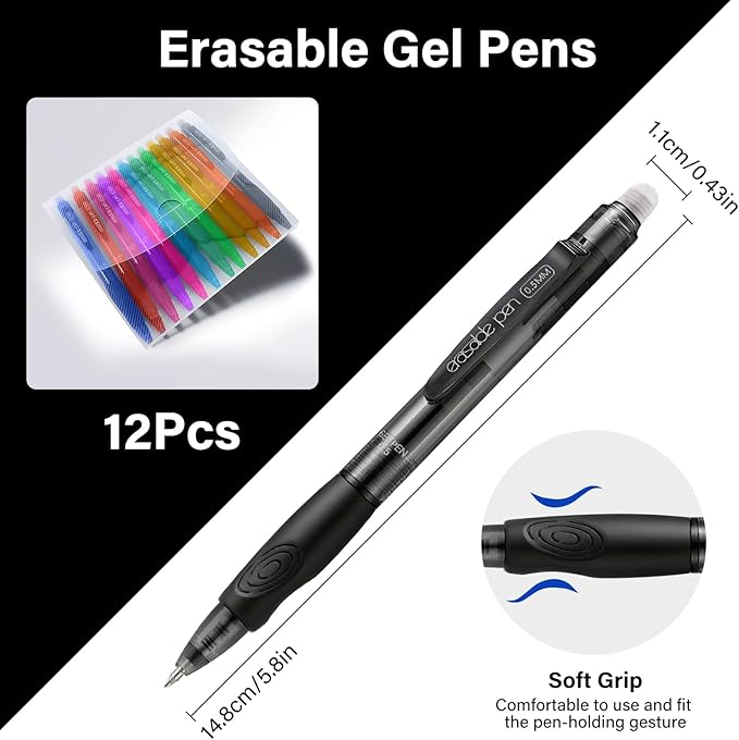 EUSOAR Erasable Gel Pens, Retractable Sketching Drawing Colored Pens Set of 12 Assorted-Color, Clicker Multicolor Pen Fine Point (0.5mm) for Writing Planners Note Taking Color-coding Creative Tasks