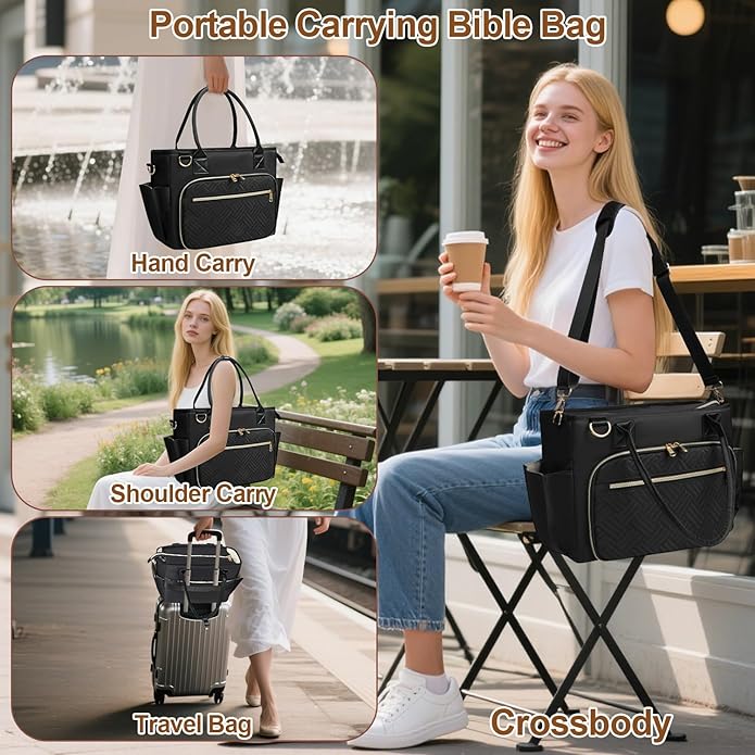 Veirdro Large Bible Tote Bag with Bible Cover Case for Women, Portable Church Bag with 13 Inch Laptop Compartment& 14 Pen Slots, Quilted Bible Purse with Shoulder Strap for Bible Study Supplies, Black