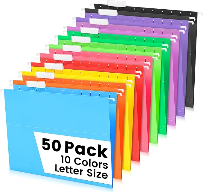 50-Pack Assorted Hanging File Folders, Letter Size with 55 Transparent Label Cards, 60 Sticker Labels,1/5-Cut Tabs–Home Office & Filing Cabinets