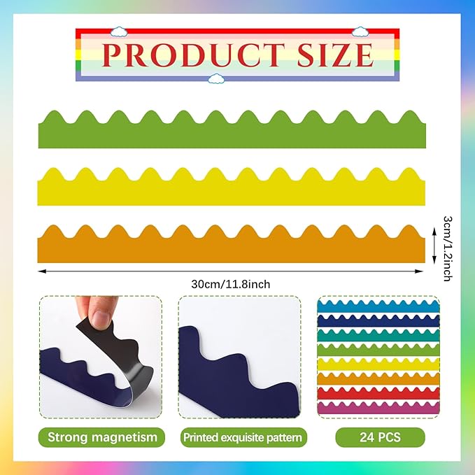 Qeeenar 24 Pcs Colorful Scalloped Magnetic Borders for Classroom Whiteboard Waves Magnetic Strips Bulletin Board Borders School Classroom Chalkboard Trim Decorations