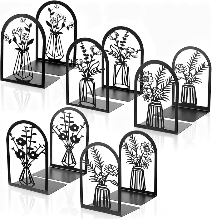Kifmurase 5 Pair Metal Book Ends, Modern Decorative Flower Shelves Bookends, Black Book Stopper for Heavy Books, Novety Floral Books Shelf Holder Ends for Home Office School, 6.6×4.7×3.6 inch