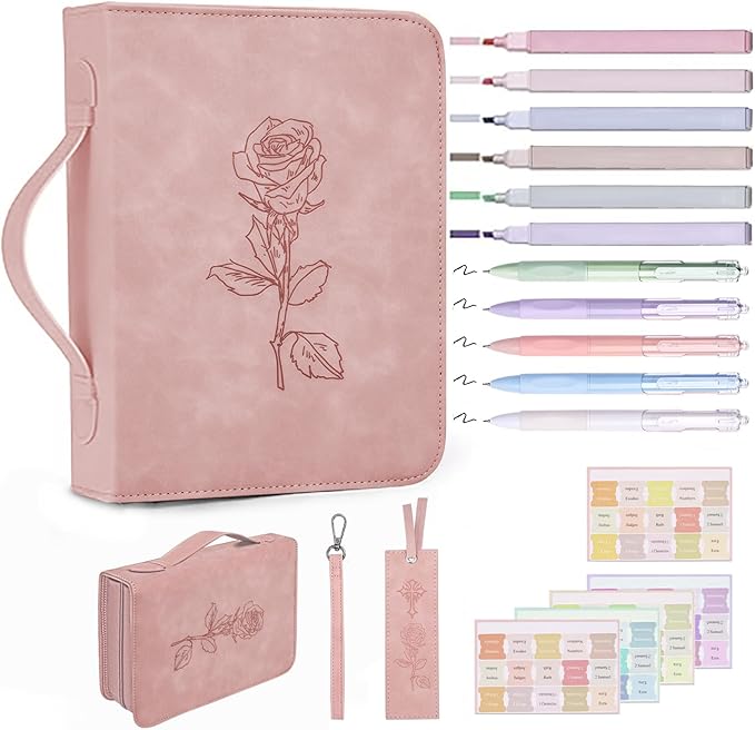 CITYCHASE Elegant Rose Design Bible Cover Case with Bible Study Supplies Highlighters Pens Bookmark Leather Bible Cover Case for Women Gift for Christians(Pink Pro)