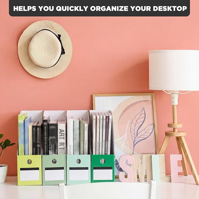 Jutom 48 Sets Magazine File Holders Foldable Cardboard Magazine Holder with White Label Stickers Desktop File Storage Box for Office Home Classroom Desk Document Organization(Green)