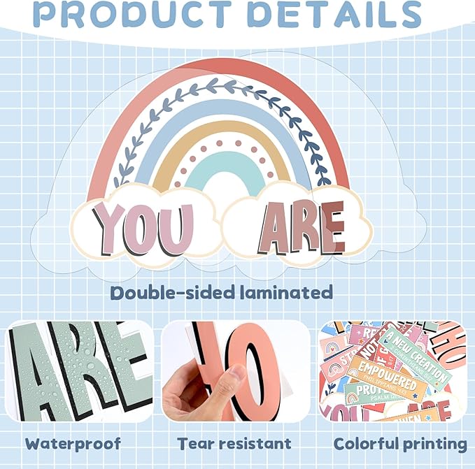 Qyeahkj Boho Christian Bulletin Board Decorations Inspirational Bulletin Board Set Colorful Rainbow God Says You Are Cutouts Motivational Religious Classroom Wall Decor for School Home Church Supplies