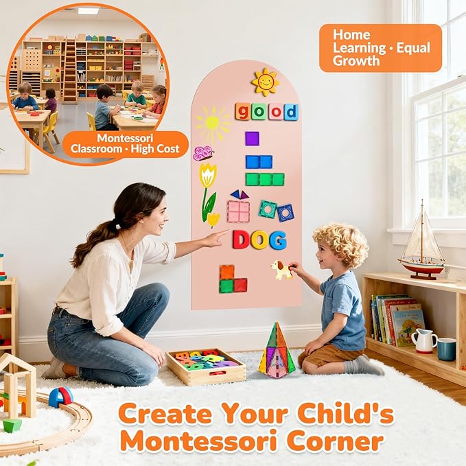 Magnetic Arch Wall Decal: Small 15.7" x 31.5" Vinyl Peel and Stick Chalkboard for Kids Playroom Classroom Home Use - Montessori Drawing Board for 1-3 Toddlers & 4-8 Children (Camel Pink)