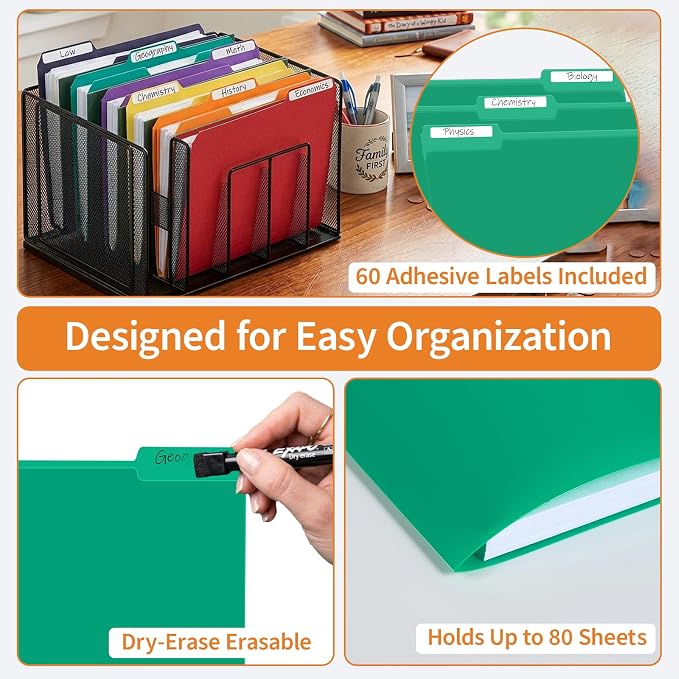 Binditek 54-Pack Heavy Duty Plastic File Folders, 1/3-Cut Tab Letter Size Colored File Folders, 14 Mil Thick, 6 Assorted Colors, for Office, Medical Records and Home Organization