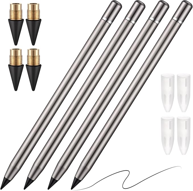 Outus Metal Inkless Pen Inkless Erasable Metallic Aluminum Pencil with Eraser for Writing Drafting Drawing Home Office School Supplies(Black)