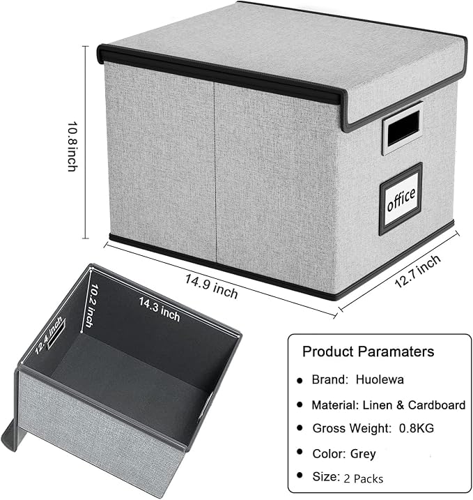 Collapsible File Storage Organizer Boxes with Lids, Portable Large Linen Hanging Filing Storage Boxes, Decorative Home/Office Filling System for File and Folder Storage (Grey)-2 Pack