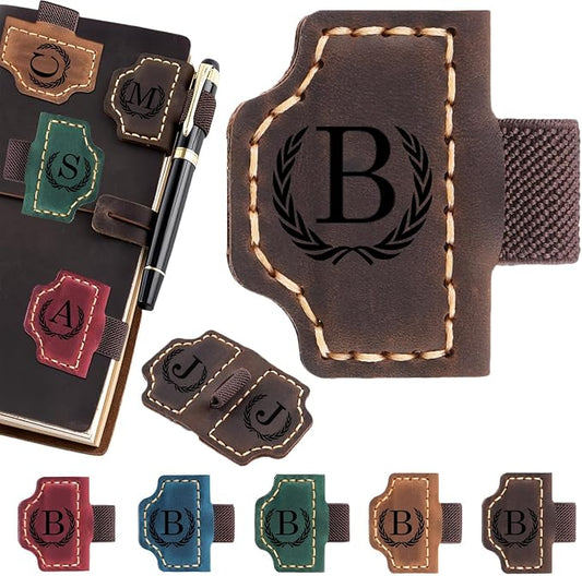 Artlaza Personalized Magnetic Leather Bookmark with Pen Holder - 26 Letters Custom Book Mark with Name Initial Engraved Book Marker for Readers, Book Lovers, Travelers - Gift for Women & Men(Brown，B