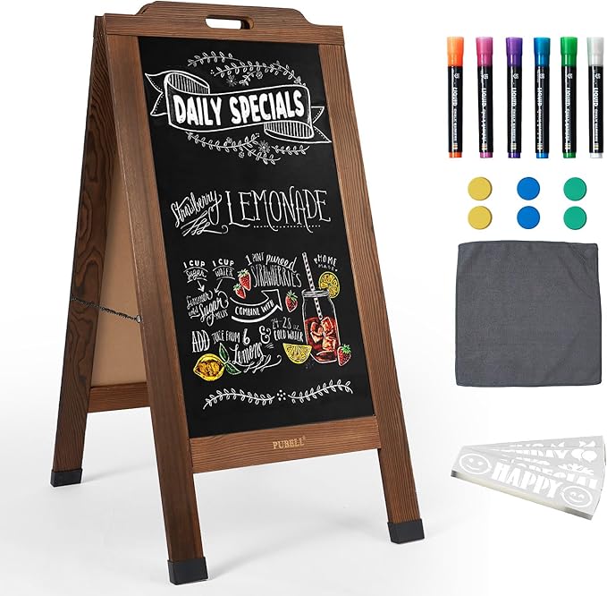Magnetic Sandwich A-Frame Chalkboard Sign - 40 x 20 Inches, Brown Large Wooden Chalk Board for Sidewalk, Stand up Double-Sided Outdoor Easel Display for Restaurant Cafe Shop Wedding Party or Business