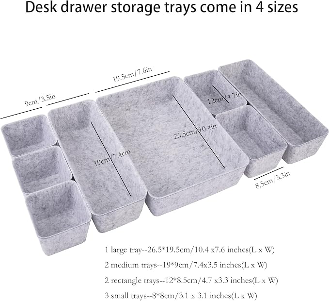 Desk Drawer Organizer Bins, 8pcs Felt Shallow Bathroom Storage Trays, Office Accessories & Workspace Organizers Jewelry & Makeup Boxes Containers(Grey)