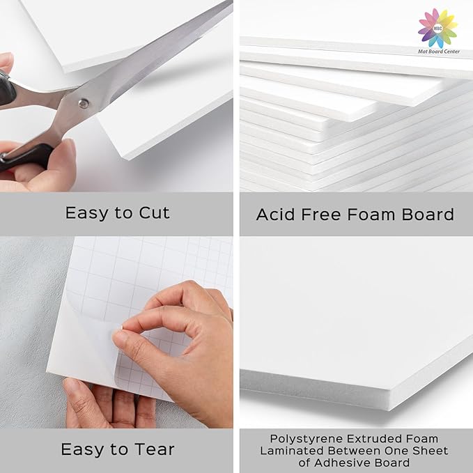 Mat Board Center, Pack of 10, 20x30 Self Adhesive Foamboard for Picture and Poster Mounting, Lightweight White Color Foam Board for Crafts, Artworks, 3/16 inches Thick