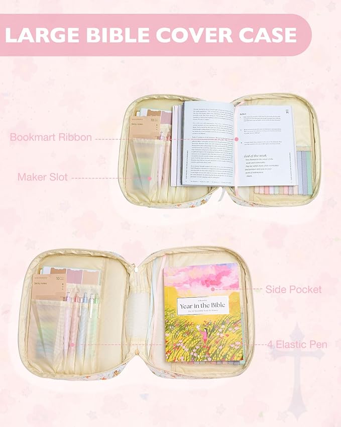 Personalized Initial Bible Cover Case for Women Girls Kid Large Bible Cover with Durable Handle Quilted Bible Carrying Case for Girls Bible Study Supplies Accessories (Pink Bow E, one Size)