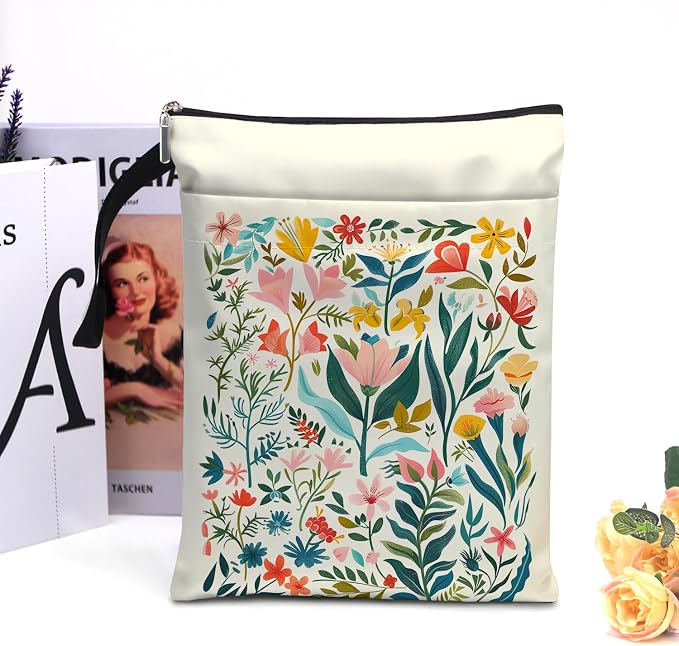 Flower Pattern Book Sleeve,Book Lovers Gifts Waterproof Book Cover for paperbacks with Zipper and Front Pocket Book Pouch for Women Teacher Birthday Graduation Christmas Gifts (Wildflower1603)