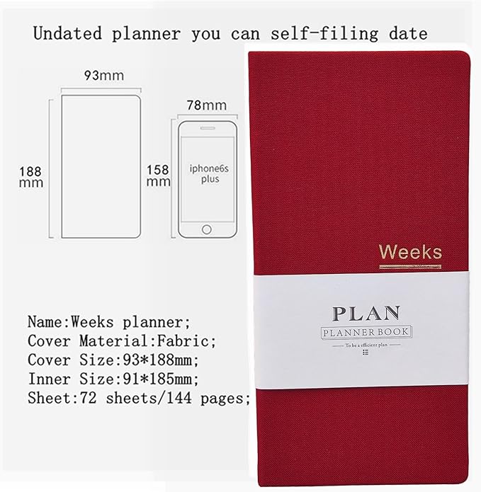 Undated Pocket Weekly Planner Schedule Organizer Agenda Year Month Week Plan A6 Notebooks (Red with clear cover)