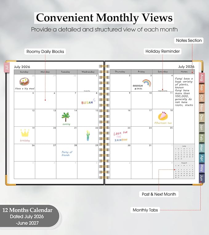 Academic Planner 2026-2027, Hardcover Leather Weekly and Monthly Calendar Planner from July 2026 - June 2027, A4 8.5" x 11" Daily Agenda with Tabs, College School Organizer for Student Teacher, Black