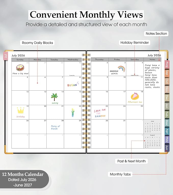 Academic Planner 2026-2027, Hardcover Leather Weekly and Monthly Calendar Planner from July 2026 - June 2027, A4 8.5" x 11" Daily Agenda with Tabs, College School Organizer for Student Teacher, Black