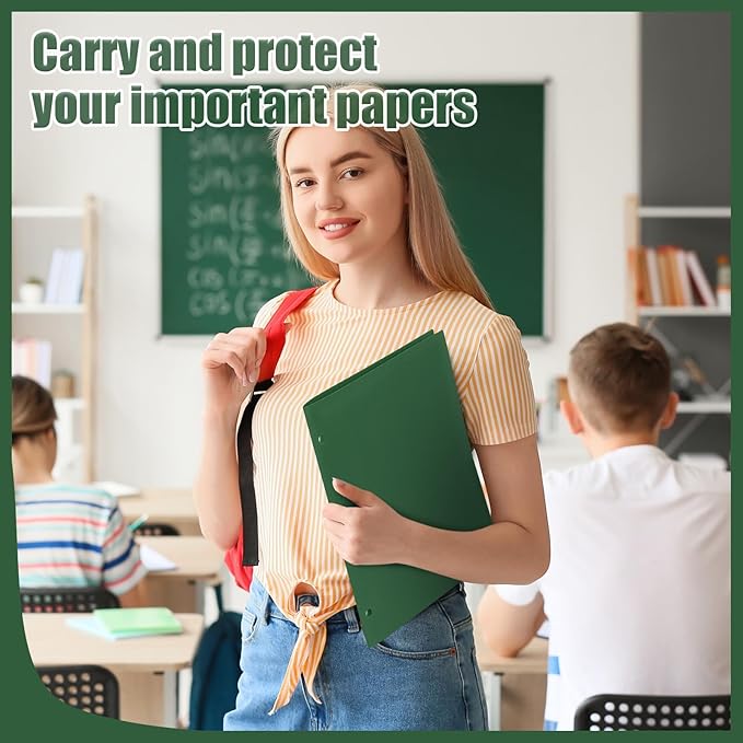 Yeaqee 100 Pcs Plastic Folders with Pockets Bulk 3 Hole Punched 2 Pocket File Folders for 3 Ring Binder Divider Folder for Notebooks, Durable Poly for Office Home (Dark Green)