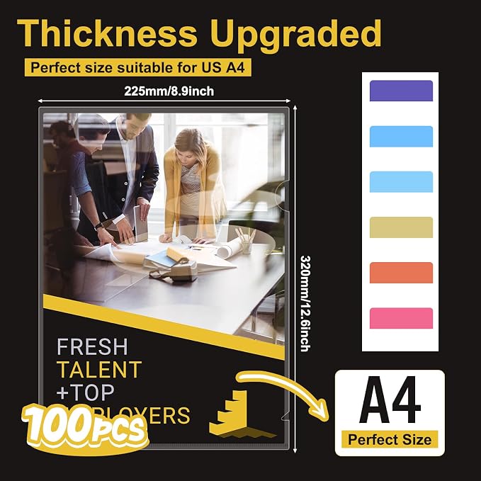 100 Pack Plastic Clear Document Folders, Clear Folders for Document | L-Type Folder Copy Safe Project Pockets, A4 Paper Sleeves Folder in Transparent with 60 Pieces Index Tabs for Office