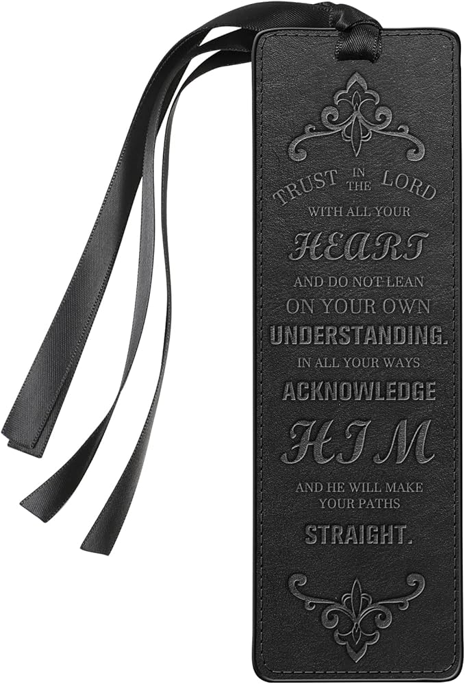 FINPAC Leather Bible Bookmarks, Vegan Religious Bookmarks, Bible Verse Book Markers Church Gifts for Women Men [Trust in The Lord with All Your Heart] - Black
