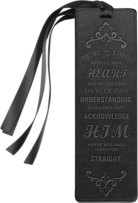 FINPAC Leather Bible Bookmarks, Vegan Religious Bookmarks, Bible Verse Book Markers Church Gifts for Women Men [Trust in The Lord with All Your Heart] - Black
