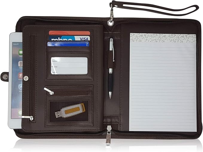 Customized Junior Zippered Leather Padfolio - Name/Logo Printed on Dark Brown PU Leather Portfolio Binder & Organizer Folder with 8 Inch Tablet Sleeve & with Junior Legal Notepad