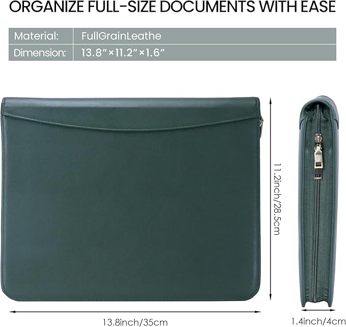 Genuine Leather Zippered Padfolio with 3 Ring Binder, A4/Letter Portfolio Organizer for Work, Fits 13.9" Laptop, Business Folder with Notepad Holder, Meetings & Interviews (Green)