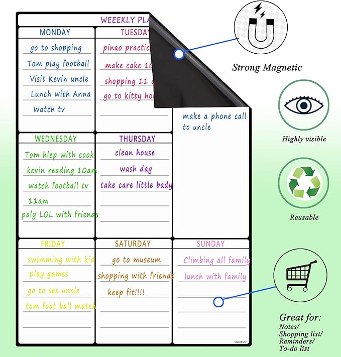 A3 Dry Erase Weekly Planner Board - 16" x 12" Magnetic Whiteboard for Daily, Weekly, and Monthly Scheduling, Chore Chart, Fitness, Meal Prep, and More for Pets, Kids, and Adults