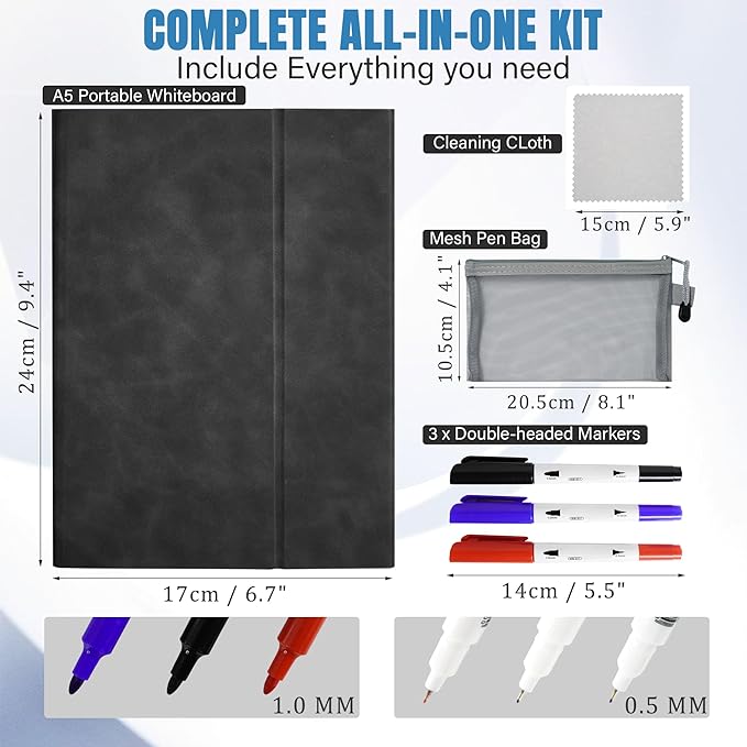 Portable Dry Erase White Board Notebook 6" x 9" (A5), Small Double Sided Folding Reusable Whiteboard with Stand, Anti-Ghosting Surface Foldable Notebook with 3 Markers & 1 Pen Bag, for Draft, Meeting