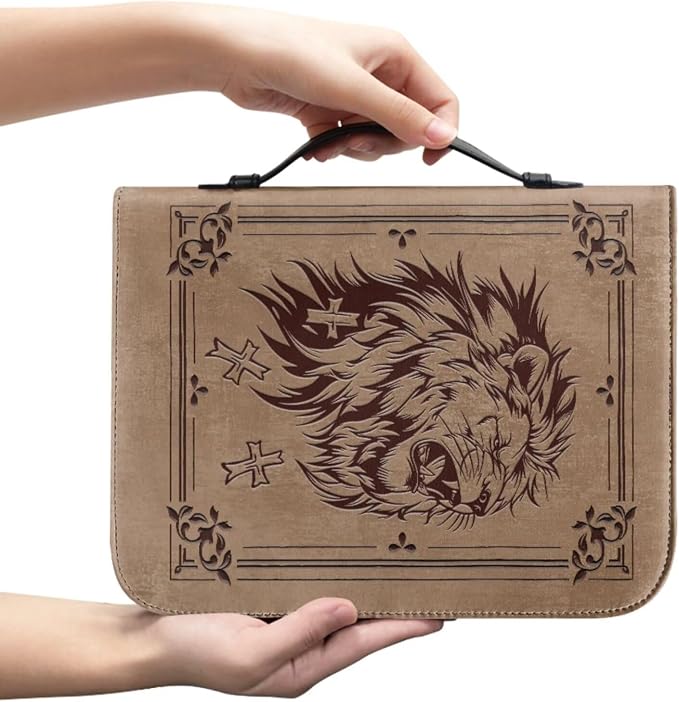 Vintage Religious Lion Bible Case with Bookmark Waterproof Bible Cover Case for Women Lightweight Bible Bag with Handle Pockets Church Book Bag Brown