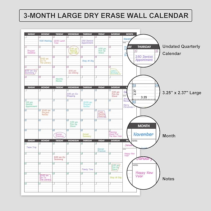 Large Dry Erase Calendar for Wall,3 Month Vertical Wall Calendar, Blank Reusable Monthly Quarterly Calendar Planner Undated, 27.8"x41" Whiteboard Calendar, Office, Classroom