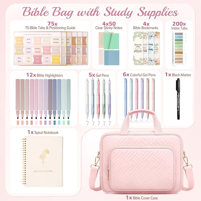 XKDOUS Bible Cover Case for Women, Quilted Large Bible Bag with Shoulder Strap, Bible Study Supplies with Highlighters, Tabs & Journaling Kit, Christian Gifts for Mom & Women (Pink)