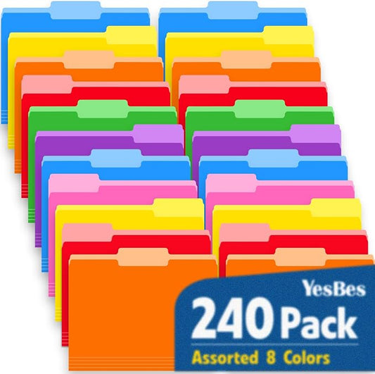 240 Pack Colored File Folders, 1/3 Cut Tab File Folders Letter Size 8.5 x 11 Inch, Assorted 8 Colors Filing Folder for Office School Business