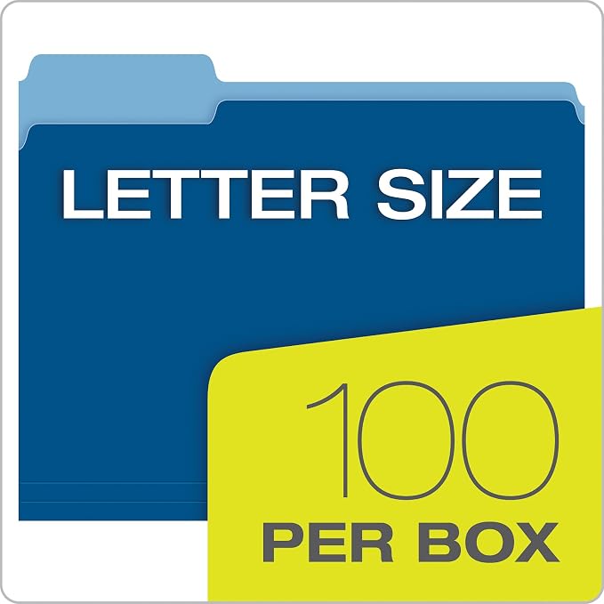 Pendaflex Colored File Folders, 100 Pack, Letter Size (8.5" x 11"), Durable Dark Blue Folders, 3 Tabs for Easy Labeling, Colorful School, Office & Home Document Organization