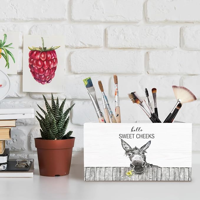 Farmhouse Funny Donkey Pen Pencil Holder for Desk, Gifts for Donkeys Lovers, Hello Sweet Cheeks Donkey Wooden Makeup Brush Toothbrush Holder Organizer for Bathroom Vanity Powder Room