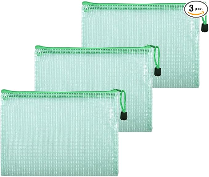 3 Pcs 4.72" x 6.3" A6 Sizes Mesh Zipper Pouch Bags, Mesh Bags with Zipper，Waterproof Clear Document Pouch for Organization Puzzles Travel, Office, Classroom Organization, A6 Green